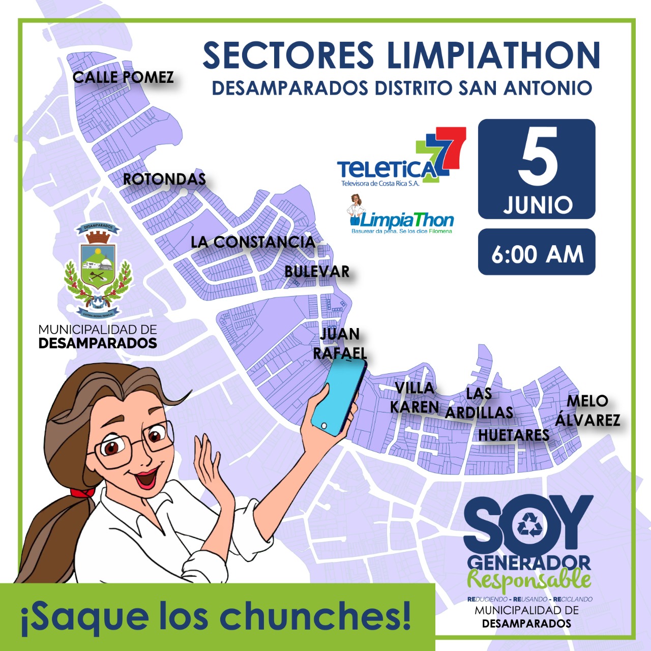 Arte promocional de la campaña "Saque los chunches" para el 5 de junio del 2022 a partir de las 6:00am. Se muestra al personaje Filomena sobre el mapa del distrito de San Antonio de Desamparados